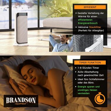 Енергозберігаючий керамічний обігрівач Brandson з дистанційним керуванням, для ванної, тихий, з таймером, функцією обертання, білий, GS сертифікат