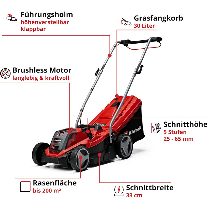 Акумуляторний газонокосарка Einhell GE-CM 18/33 Li Kit Power X-Change (18 В, ширина косіння 33 см, до 200 м², Brushless, кошик 30 л, висота косіння 25-65 мм, з акумулятором 4,0 Ah + зарядним пристроєм)
