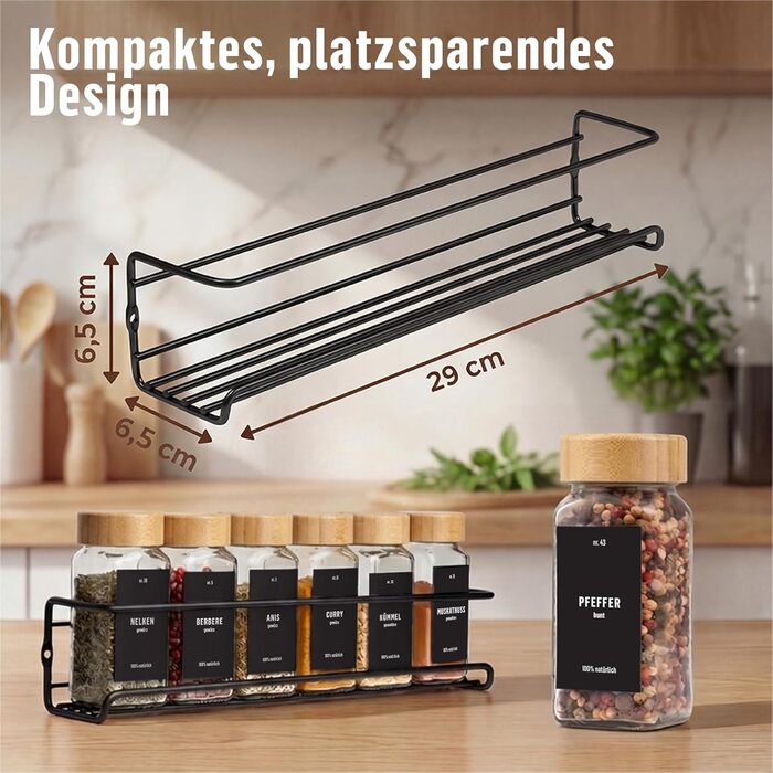 Набір поличок для спецій на стіну без свердління Deco Haus, 4 шт. з 24 баночками та етикетками, кріплення на клей, бамбукові кришки