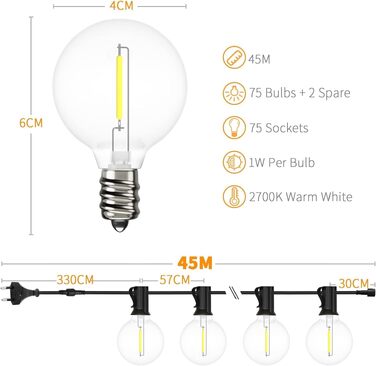 Гірлянда світлова вулична 45м LED G40 пластик, IP44, теплий білий 2700K для саду, тераси, вечірки