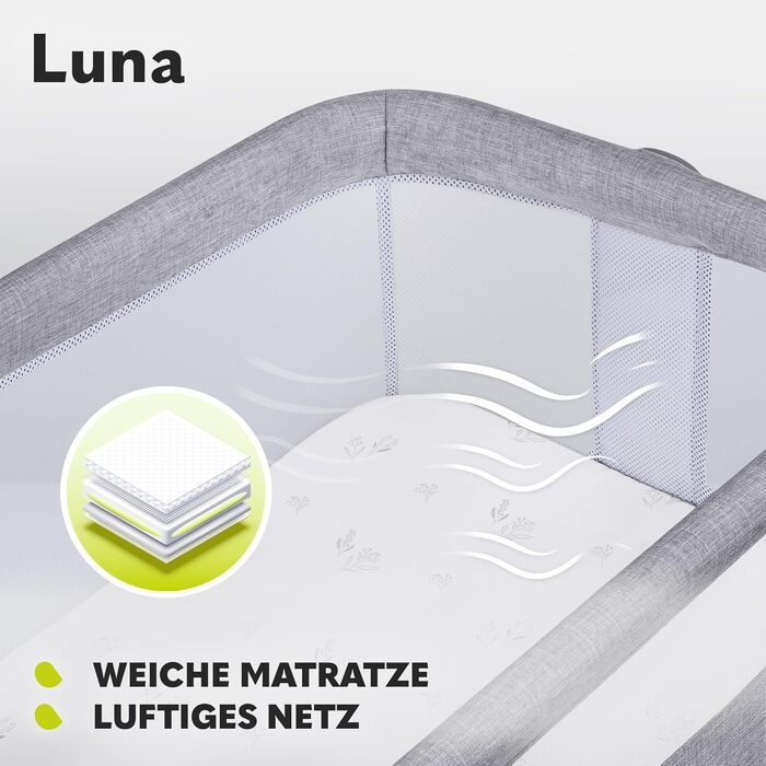 Ліжечко-колиска Lionelo Luna EIN з матрацом, переносне, для новонароджених до 9 кг, регульоване по висоті і нахилу, 4 колеса з гальмами, кріплення до ліжка батьків, сіре