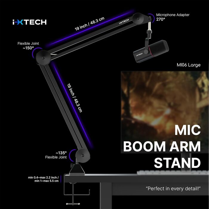 Стійка для мікрофона IXTECH MI06 Heavy Duty: кріплення на стіл для стрімінгу, геймінгу, подкастів з кабелями (Large)