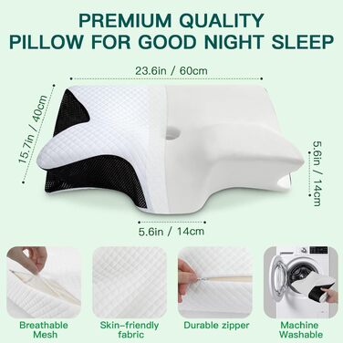 Подушка для шиї з піни Memory Foam 2-в-1, ергономічна, 60x40x12/14 см, чорна. Для спини, боку та живота.