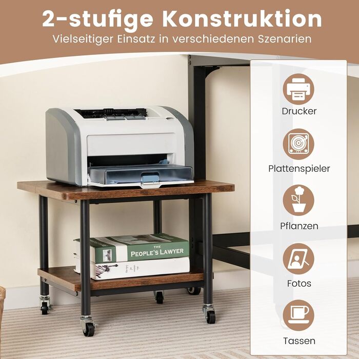Друкерний столик GOPLUS на коліщатках з фіксаторами, тумба для принтера з 2 полицями, дерев'яний візок для офісу/дому, поворотні колеса 360°, коричневий