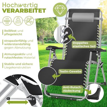 Шезлонг KESSER® для саду, розкладний, вологостійкий, 200 кг, з подушкою, регульована спинка, підголовник та тримач для напоїв, сірий