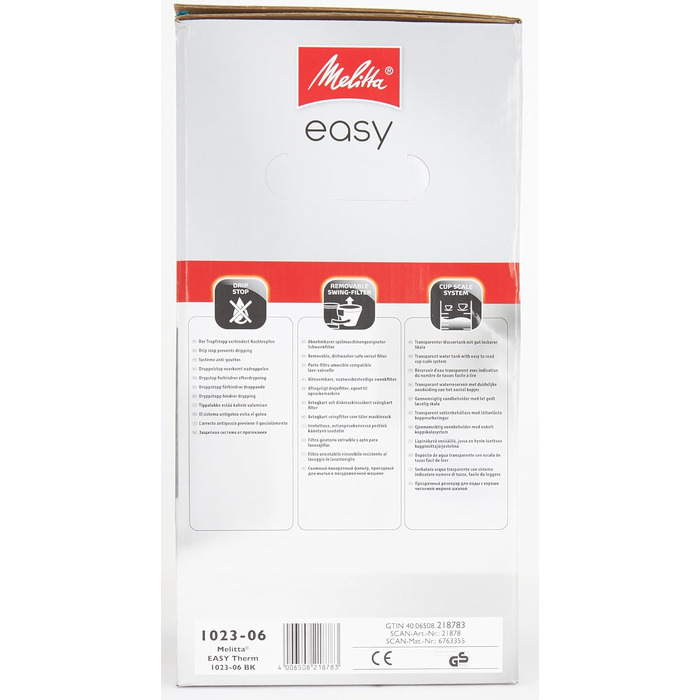 Кавоварка Melitta Easy Therm з термокувшином, фільтраційна, до 8 чашок, чорна, з функцією захисту від капання