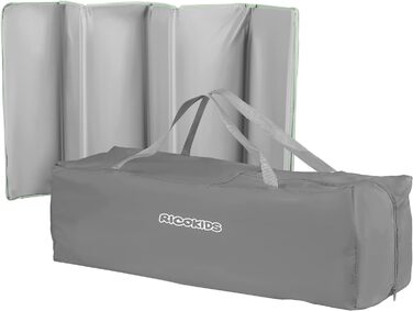 Дитяче ліжечко-манеж Ricokids, складне, з матрацом, 125x65x78 см, 15 кг, дві колеса з гальмами, знімний бічний вхід, сумка, світло-сірий та м'ятний колір