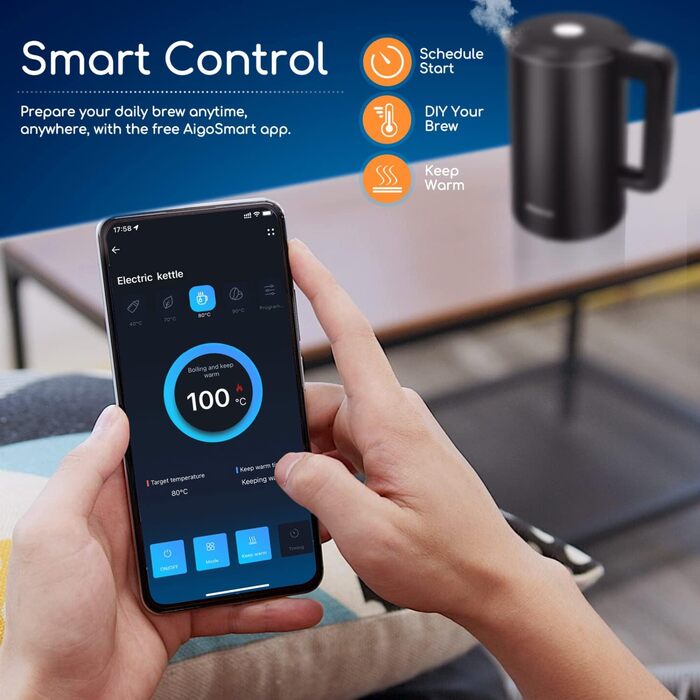 Розумний електрочайник Aigostar з Wi-Fi, регулювання температури 40-100°C, 1,7 л, подвійна стінка, нержавіюча сталь, сумісний з Alexa, функція підтримки тепла, чорний, безшумний, бездротовий