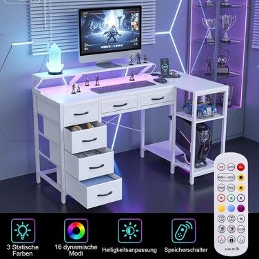 Кутовий письмовий стіл L-подібний з шухлядами, LED-підсвіткою, USB-портом та розеткою для комп'ютера, роботи та навчання, білий