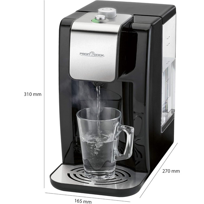 Диспенсер для гарячої води ProfiCook PC-HWS 1145, корпус з нержавіючої сталі, гаряча вода одним натисканням кнопки приблизно за 3 секунди, LED-дисплей із сенсорним керуванням, 2600 Вт (резервуар для води 2,2 літра)