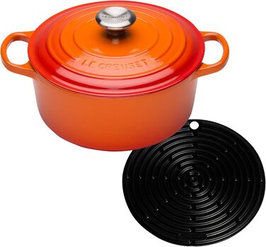Le Creuset круглий чавунний жаровник Signature 22 см, червоний + силіконова прихватка чорна