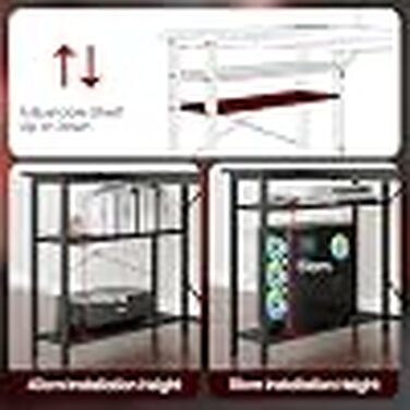 Геймерський кутовий стіл L-подібний з LED-підсвіткою, розетками, полицями та підставкою для монітора, чорний (карбон), 140 x 80 см