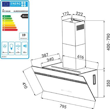 Витяжка для кухні KKT Kolbe Aurora 6005FB 80 см, чорна з білим склом, потужність 782 м³/год, Smart WiFi, RGBW LED-підсвітка, сенсорне керування, режим рециркуляції та відведення