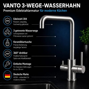 Змішувач кухонний AORA® VANTO INOX з нержавіючої сталі 304 для фільтра води та системи зворотного осмосу, поворотний вилив 360°