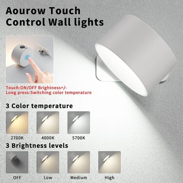 Aourow LED настінний світильник на батареї, акумуляторний, з USB-зарядкою, сенсорним керуванням, 3 режимами світла і яскравості, бездротова лампа для читання в спальні, білий