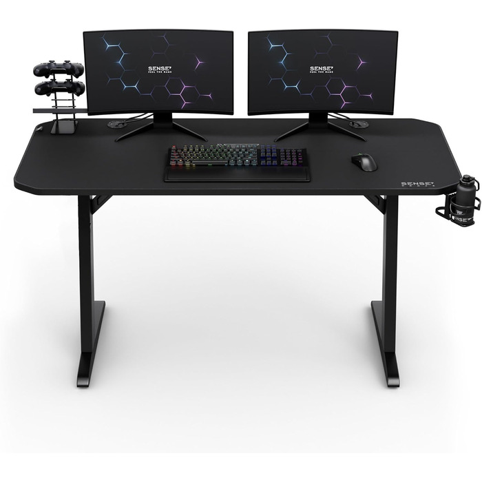 Ігровий стіл SENSE7 Nomad Classic 140x60 см з вуглецевою поверхнею, тримачем для навушників, підставкою для напоїв і контролерів, ергономічний комп'ютерний стіл для геймерів