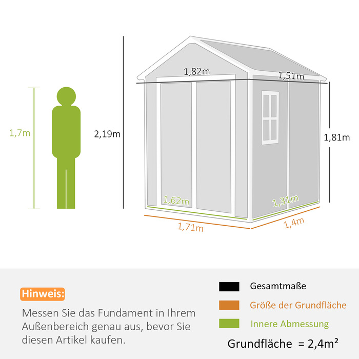 Outsunny Garden Shed 2,4 м², Водонепроникний садовий сарай з підлоговим моноскатним дахом, 182x151x219/181 см, Сарай для інструментів з дверима, що замикаються, Вікно Велосипедний гараж, Садова шафа з алюмінію, для заднього двору, Саду, Сірий