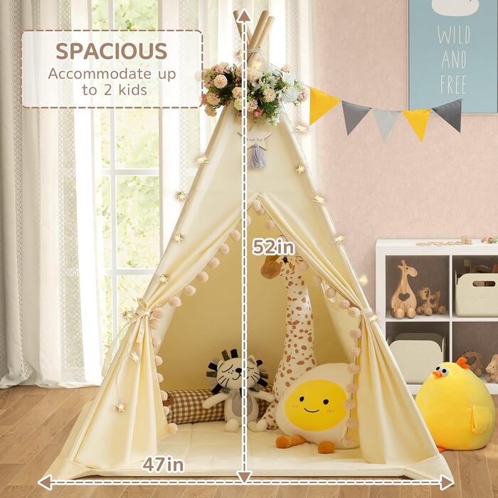 Дитяче намет Tipi з м'якою матрацом, бавовна, канвас. Намет Tipi для дітей, ігровий намет для дівчаток та хлопчиків з зірками та ліхтариками, сумка, прапор (білий, кремовий)