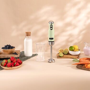 Блендер Cecotec Power RetroGreen 1200MAX Cream&Crush, 1200 Вт, CrossBlades, 2 швидкості, набір аксесуарів, захист від бризок, для подрібнення та змішування, занурювальний, мийка в посудомийці