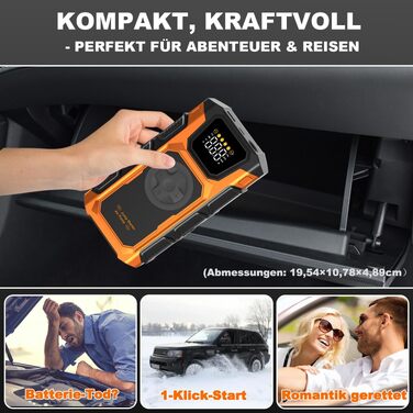 Пусковий пристрій (бустер) для авто Starthilfe 6000A з компресором 150 PSI, Powerbank 12V для бензинових та дизельних двигунів до 10л, з QC3.0, LCD-дисплеєм та ліхтарем, помаранчевий