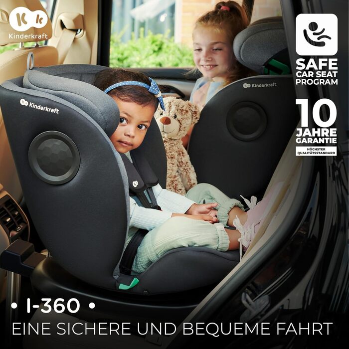Дитяче автокрісло Kinderkraft I-360, 0-36 кг, I-Size 40-150 см, обертається на 360°, ізофікс, регульована підголівник і спинка, сіре