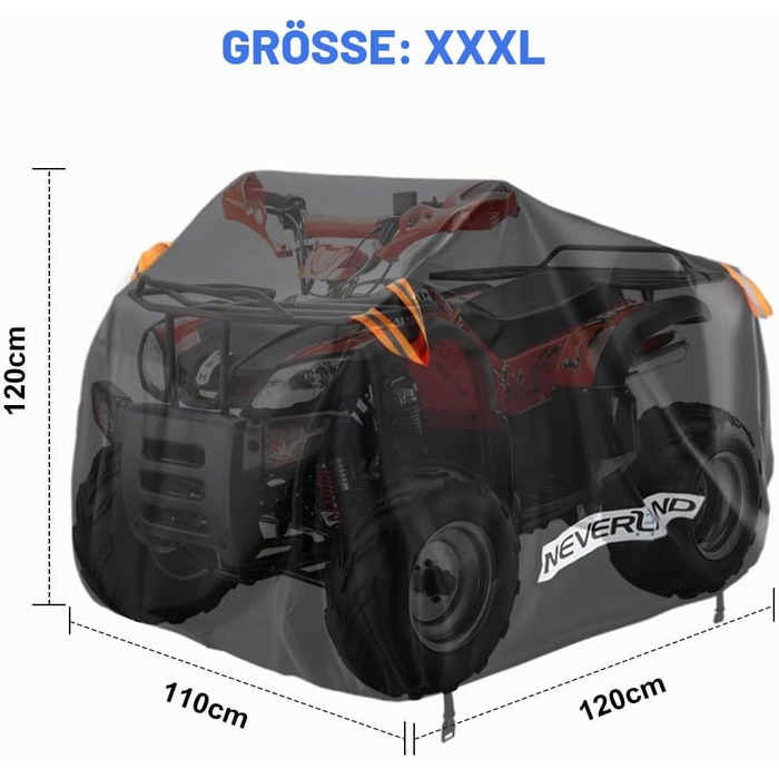 Водонепроникний чохол для квадроцикла NEVERLAND ATV (XXXL, 256x110x120 см) з оксфордської тканини 210D, захисний покрив від пилу, дощу та UV-променів, чорний