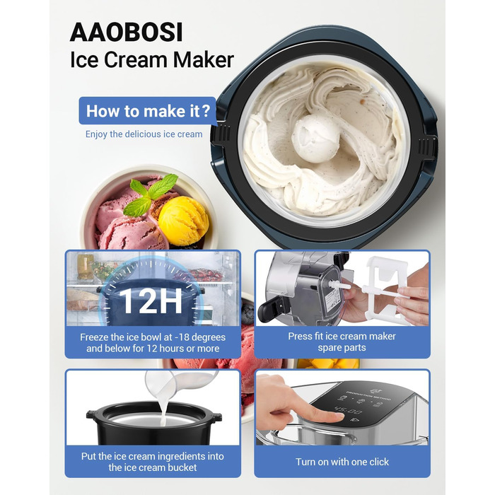 Aobosi електрична морожениця 1.5 л, портативна, знімне мішалко, для джелато, сорбету, йогурту