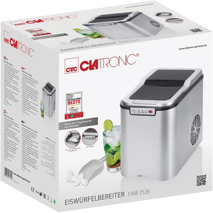 Льодогенератор Clatronic EWB 3785 Inox: Швидке виробництво льоду (10 хв), самоочищення, 12 кг/24 год, резервуар 1.5 л