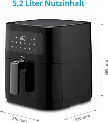 Аерофритюрниця MEDION E40 XL, 5.2 л, 2150 Вт, 9 програм, без олії, сенсорне керування, чорна
