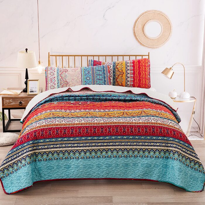 Постільна покривало WONGS BEDDING Boho 3-предметний комплект (220x240 см) з 2 наволочками 50x70 см, стібана ковдра з мікрофібри для спальні та дивана, Беміс