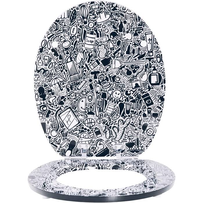 aquaSu® сидіння для унітазу з малюнком Doodle, дерев'яна кришка з мікроліфтом, до 300 кг, O-форма, верхнє кріплення, знімна, пластикові петлі, чорна