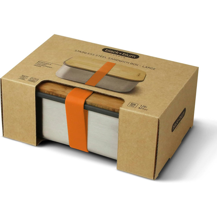 Ланчбокс Black + Blum з нержавіючої сталі 1,25 л з бамбуковою кришкою-дошкою та силіконовим роздільником, помаранчевий