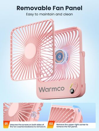 Вентилятор акумуляторний Warmco 10000mAh 21 см, рожевий: для офісу, подорожей, кемпінгу - до 24 годин роботи, тихий, з цифровим дисплеєм
