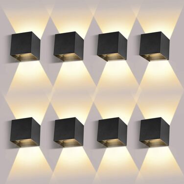 Набір настінних LED світильників ledmo (8 шт), 12W, чорні, тепле біле світло 2700-3000K, двосвітловий (вгору та вниз), IP65 вологозахищені для дому та вулиці