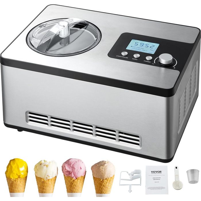 Електрична машина для приготування морозива VEVOR 2L, 180W - Морозиво, сорбет, йогурт, Gelato. Срібна, горизонтальна