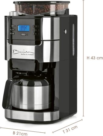 Кавомашина Barista Filterkaffeemaschine з регульованим млинком та скляною кавою | Функція підігріву, таймер 24 год та постійний фільтр | Для 10 чашок кави | Кавомашина для зерен та меленої кави [Нержавіюча сталь] (5) Нержавіюча сталь - термокава - з млинк