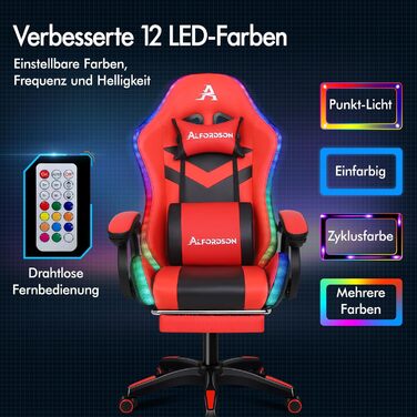 Ігрове крісло ALFORDSON з масажем, 8-точкове, RGB LED, 12 кольорів, ергономічне, з підставкою для ніг, підголівником і поперековою подушкою, для дітей і дорослих, червоне, PU-шкіра