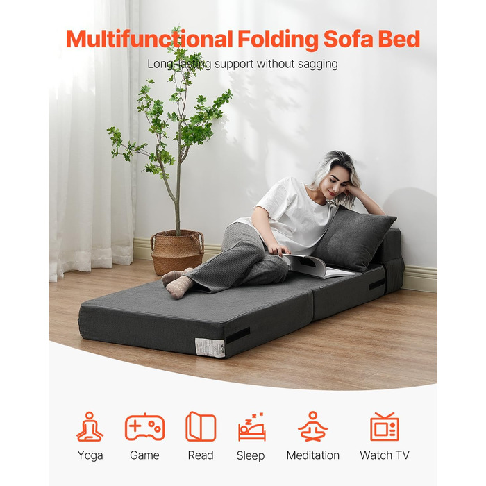 Диван-ліжко VEVOR 3-в-1 розкладний, з подушками, знімним чохлом, піна Memory Foam, сірий (односпальний) 1860x730x150 мм