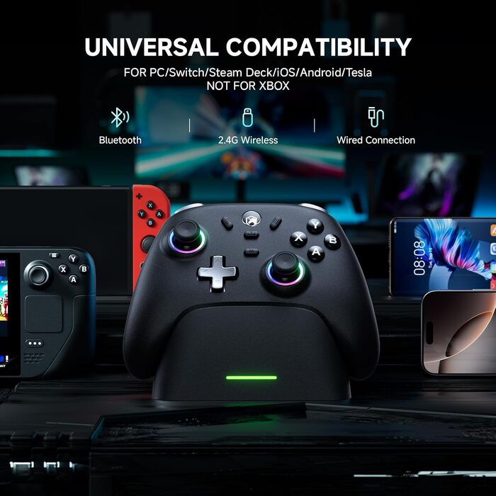 Ігровий бездротовий контролер ECHTPower для PC, Switch, Steam Deck, Android, iOS — RGB підсвітка, Hall-джойстики, Turbo, вібрація, акумулятор 800mAh (Чорний)