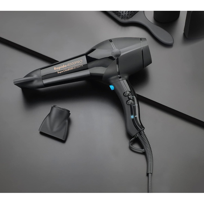 Фен для волосся Diva Styling Rapida 4000 Pro, 4 температурні та 2 швидкісні режими, Cool-Shot, надійний AC-мотор, чорний онікс