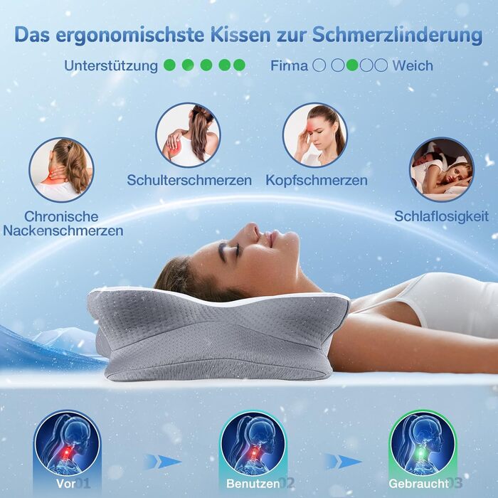 Ортопедична подушка для шиї з Memory Foam, сертифікат Oeko-TEX®, ергономічна подушка для сну на боці, спині та животі, сірого кольору