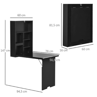 Відкидний настінний стіл-бюро з дошкою для записів, 60 x 94,5 x 147 см, чорний