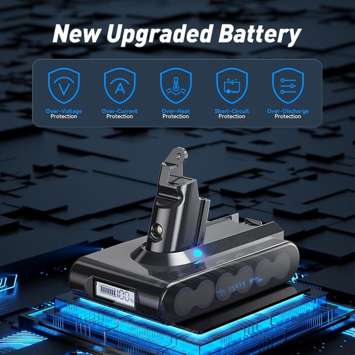 Акумулятор Dyson V6 8000mAh з LCD-дисплеєм, сумісний з DC58-DC74, Animal/Absolute/Motorhead/Fluffy + 2 фільтри, сірий
