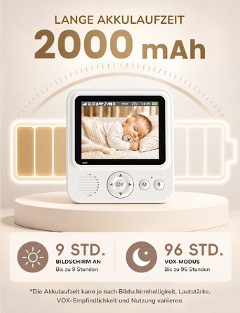 Відеоняня OBVHNUA з камерою без WLAN, дисплей 2.8 дюйма, роздільна здатність 720P, режим VOX, до 96 годин роботи