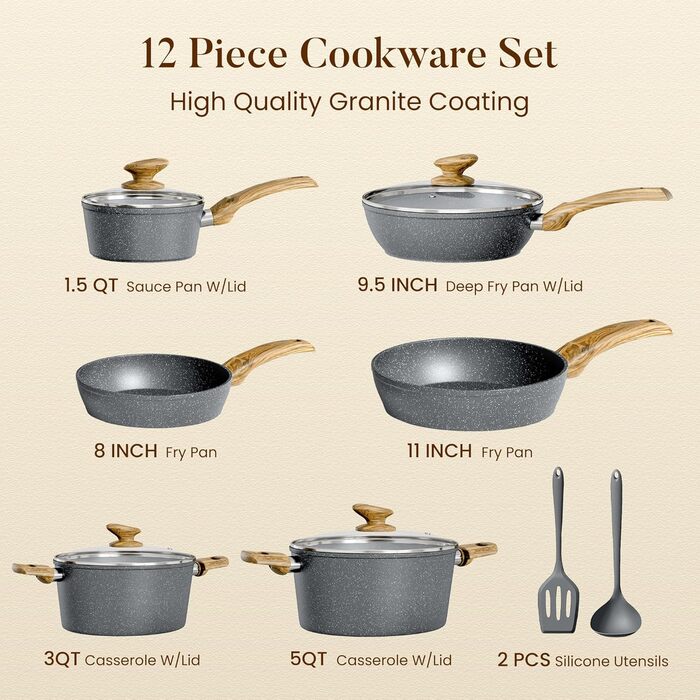 Набір каструль Kitchen Academy Induktion 12 шт. з нержавіючої сталі, сірий граніт, антипригарне покриття, PFOA & PFOS-free