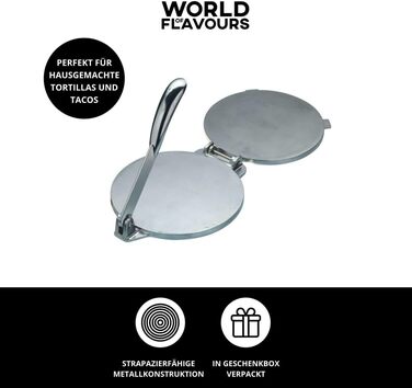 Прес для тортильї KitchenCraft World of Flavours, алюмінієвий, 20x20x9 см, сріблястий, у подарунковій коробці
