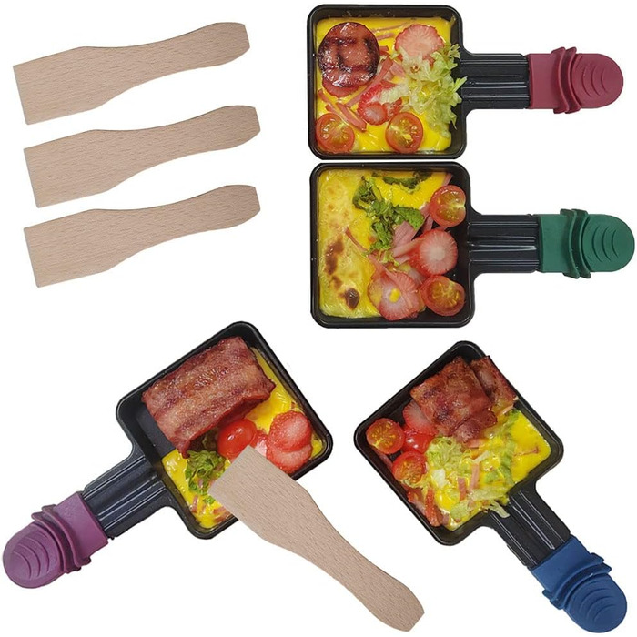 QcuGvy Poelon Raclette Carré, 4 шт. антипригарних міні-сковорідок для раклету з дерев'яними лопатками, ізольована ручка, для омлетів та плавленого сиру