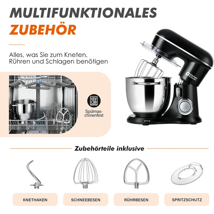 Кухонний комбайн Kitchen in the box Kompakte — планетарний міксер та тістоміс 3.5-5л, 10 швидкостей, з насадками (гак, вінчик, міксер), чорний