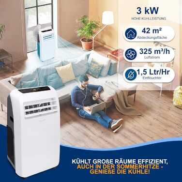 Мобільний кондиціонер SereneLife 9000 BTU 4-в-1: охолодження, обігрів, вентилятор і осушувач повітря, з пультом ДУ, для кімнат до 20 м², білий, комплект для віконного монтажу