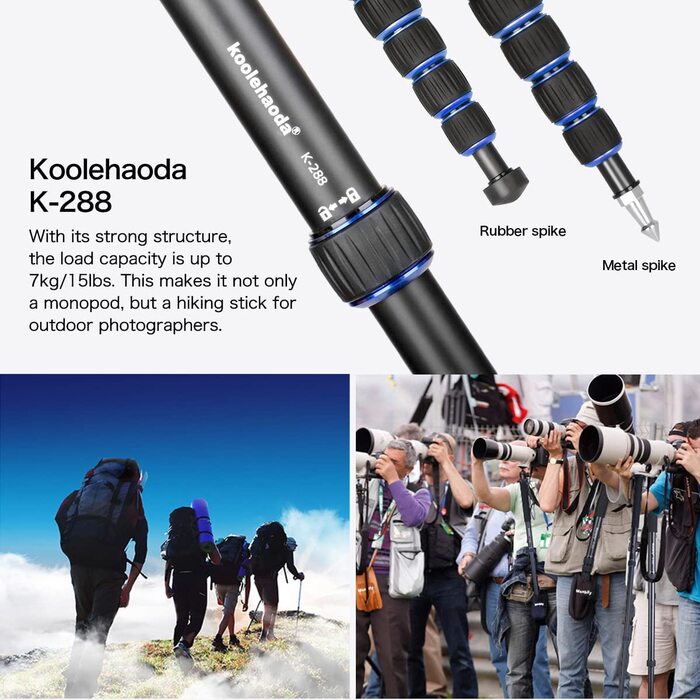 Розсувний монопод Koolehaoda K-288+M3 з алюмінію зі штативною базою, 5 секцій, 52-168 см, для відео- та фотокамер, навантаження до 7 кг